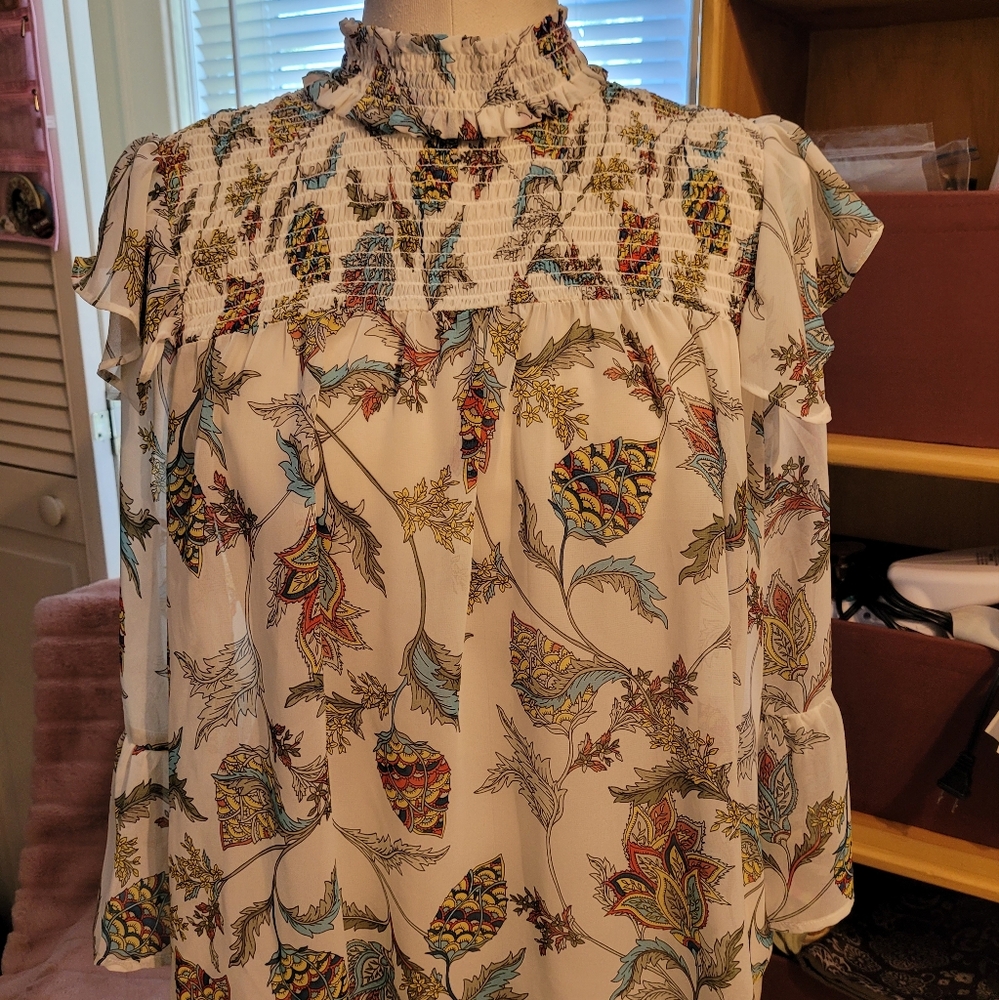 New York & Co Ruffled,3/4 bell Sleeve, high-neck blouse.